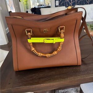 Gucci Tan Leather Diana Tote with Bamboo and Neon Yellow Band. NEW! Box and Bag